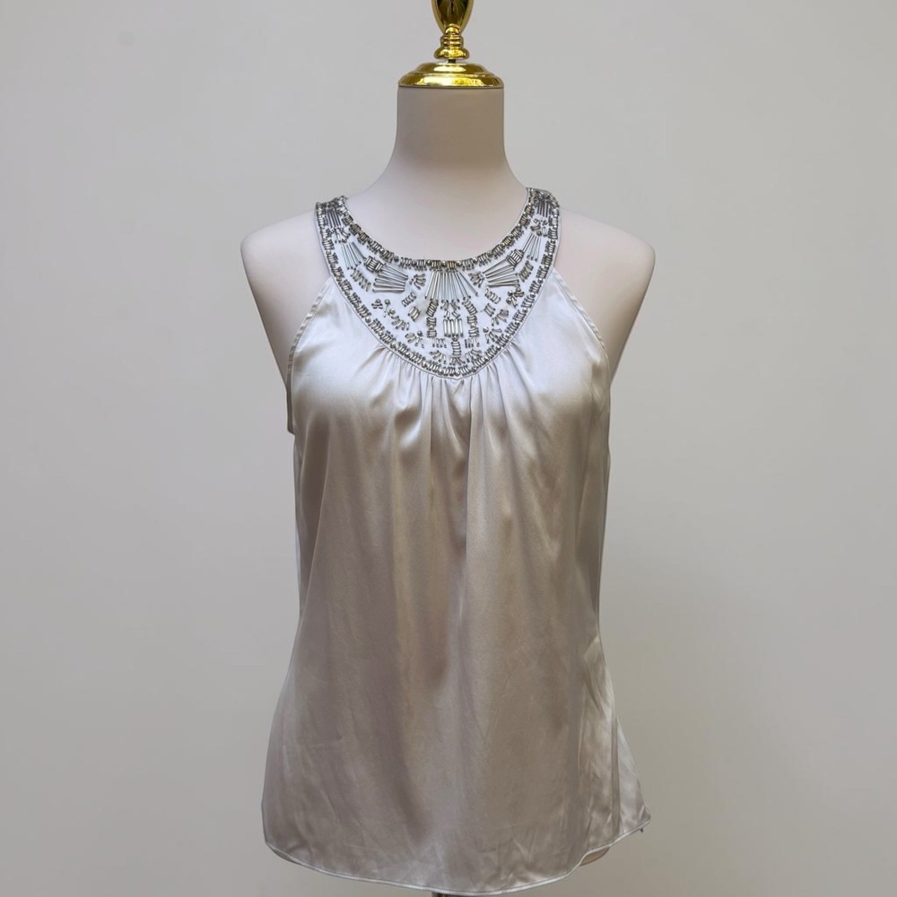 Cache Silk Blend Top S Silver Beaded Embellished Halter Neck Y2K Glam Chic Bling